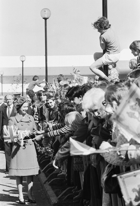 Archive photo of crowds leaning over a barrier to get a glimpse of the Queen. Some children have climbed lamp posts to get a better view.