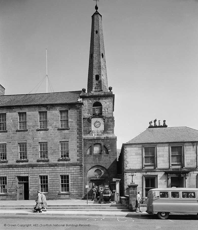 a steepled tolbooth on an historic high street