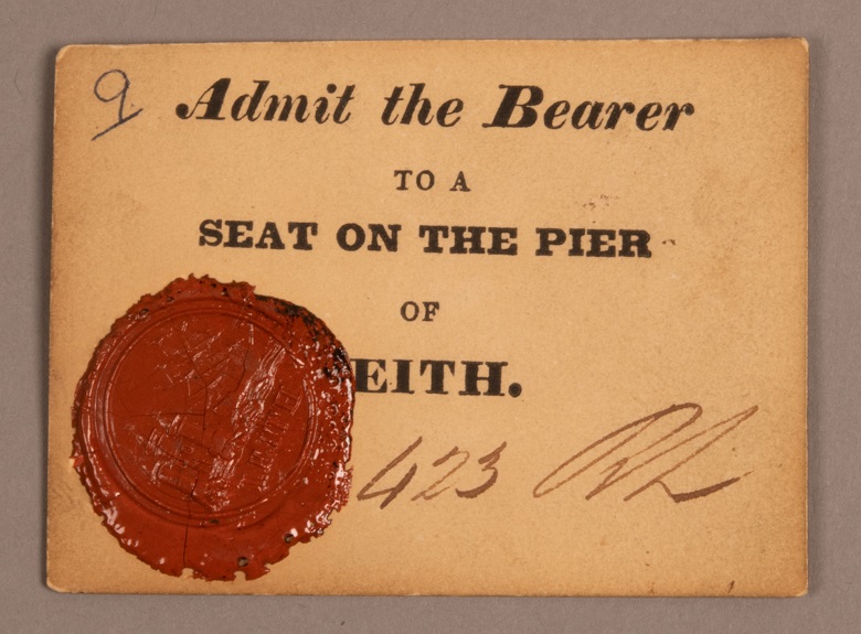 A small paper ticket with a wax seal admitting the bearer entry to the pier at Leith