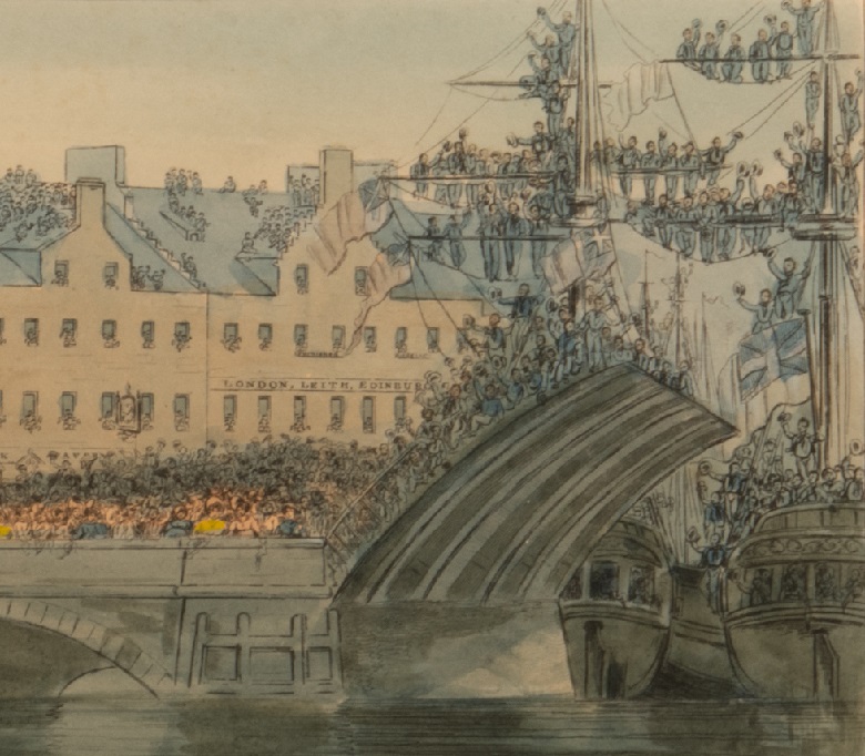 Detail from a painting showing crowds gathered on a raised bridge, in order to get a better view of a ship's arrival