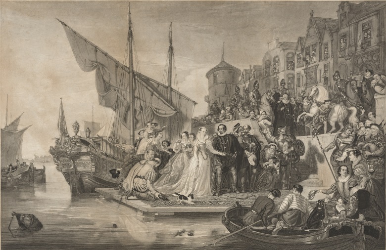A depiction of a raucous crowd as Mary Queen of Scots steps from a sailing ship in Leith