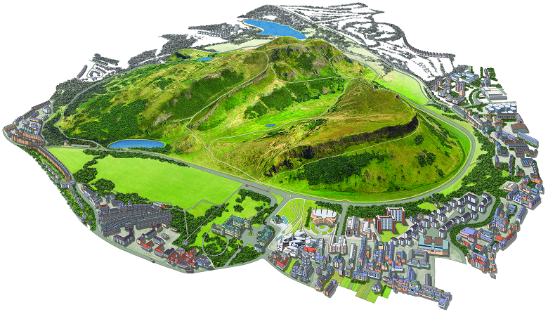 Illustration of Holyrood Park from an aerial perspective