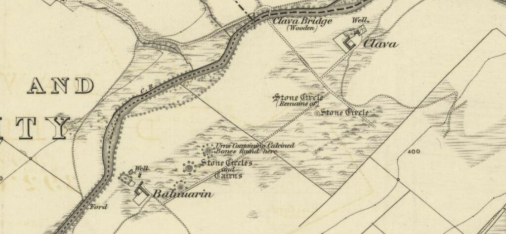 Ordinance Survey map of Clava Cairns with erroneous labelling as described above