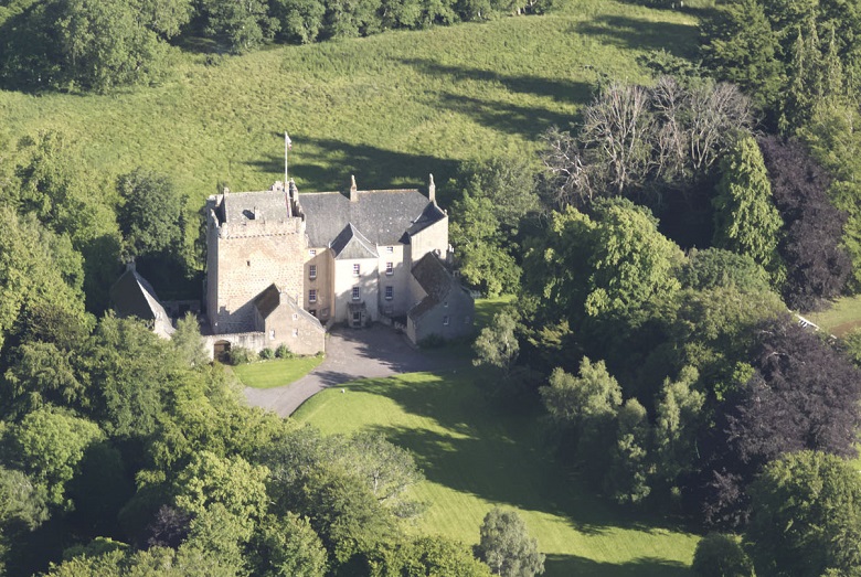 Aerial view of Kilravock Castle - a medieval tower house with a later addition of