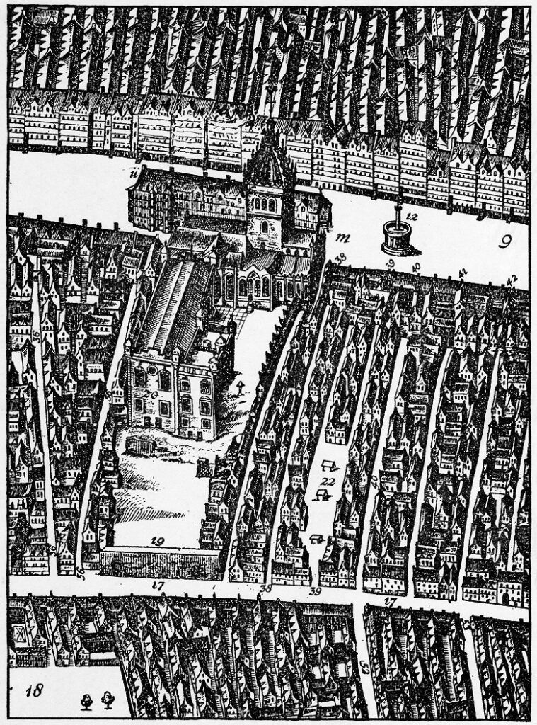 17th century map-like illustration showing Edinburgh's old down from an elevated angle. 