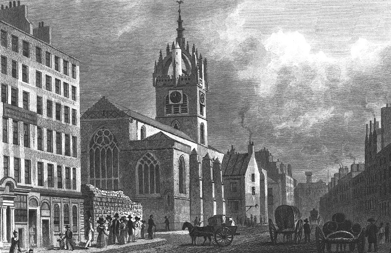 19th century engraving showing St Giles' Cathedral looking west along the High Street Copied