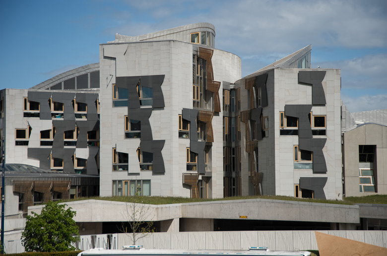 Modern shapes and contours on the exterior of the Scottish Parliament building