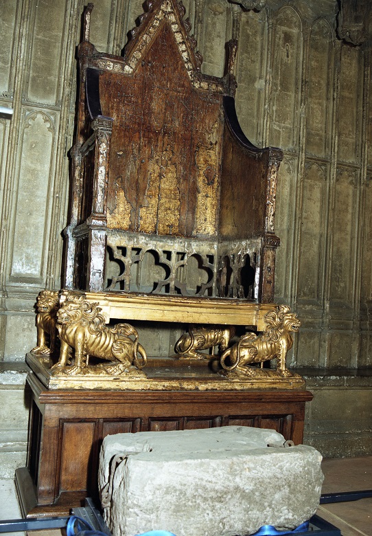 An ornate wooden chair with a space where the Stone of Destiny has been removed