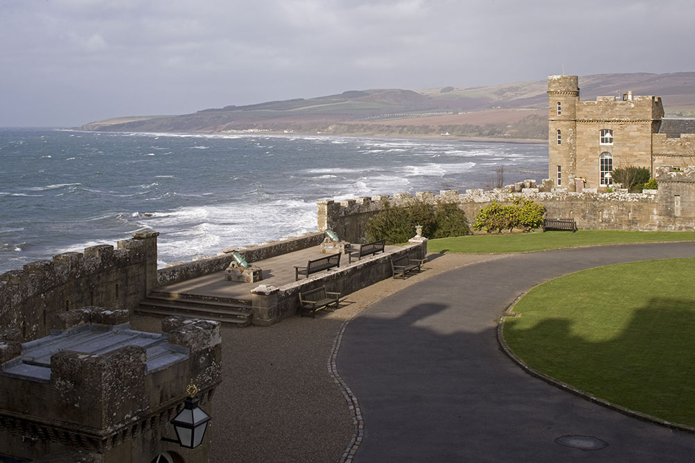the sea viewed from a castle on a clifftop