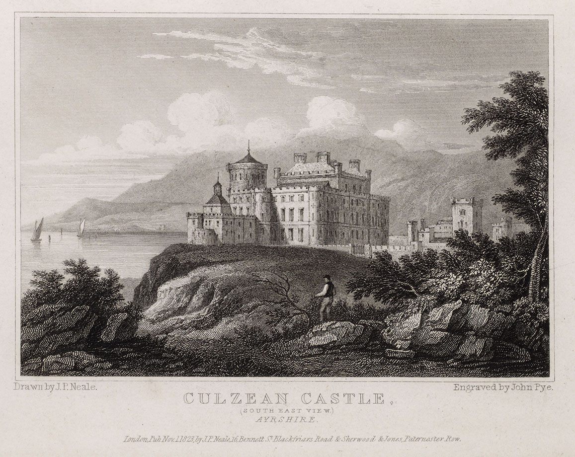 engraving of a castle with sea behind it
