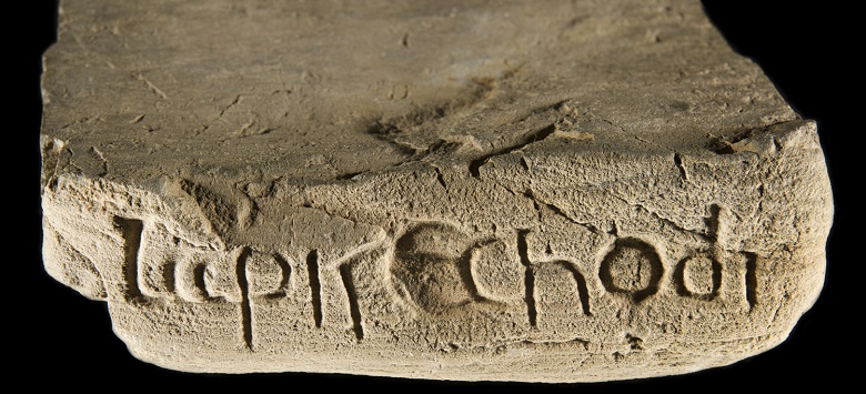 close up of the top of the stone of Echoid engraved with the words ‘LAPIS ECHODI’.