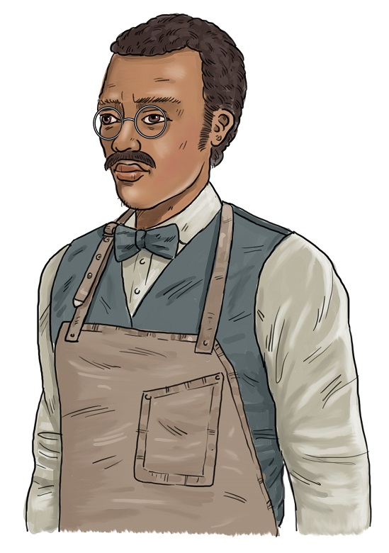 An illustration of man wearing a brown leather apron, a blue bow tie and round spectacles 