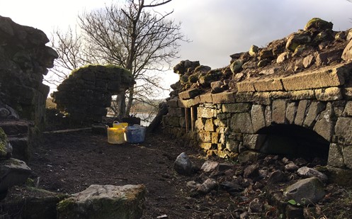 A "before" photo of a ruined castle prior to restoration