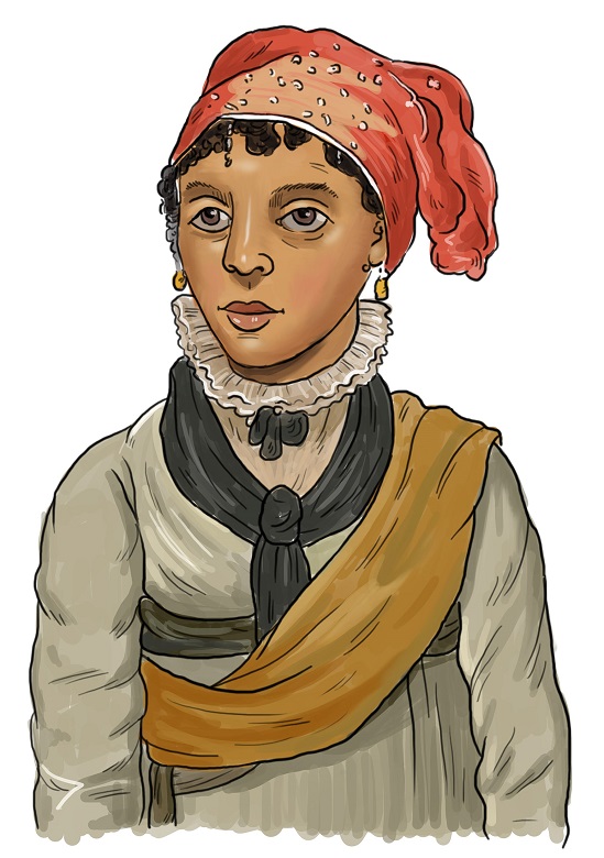 An illustartion of a lady wearing a bright red headscarf along with earrings, a large collar and a plain dress