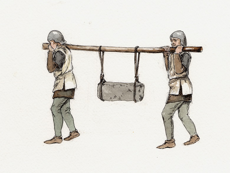 An illustration of two soldiers carrying away the Stone of Destiny, which has been suspended from a large pole