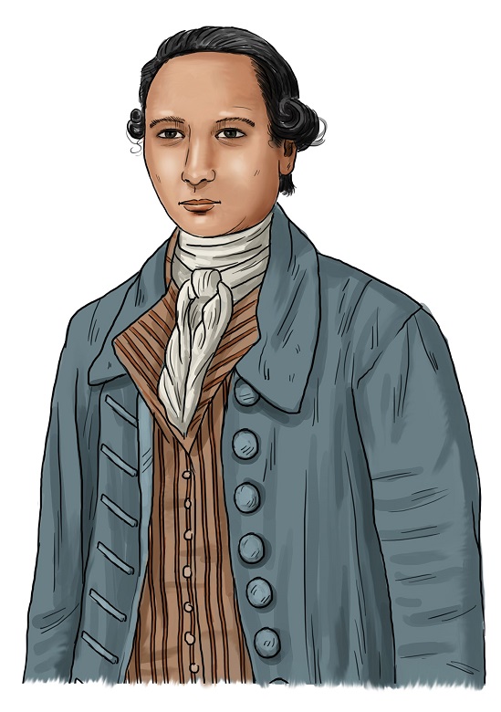 An illustration of a Chinese man in 18th century outfit consisting of a blue jacket, brown shirt