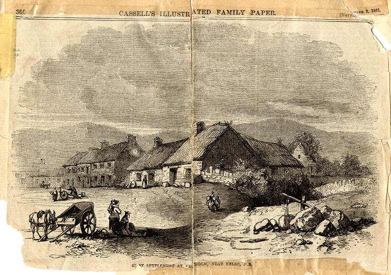 Engraving showing a rural scene with small cottages and depictions of village life in the foreground, including a hand pump and a cart.