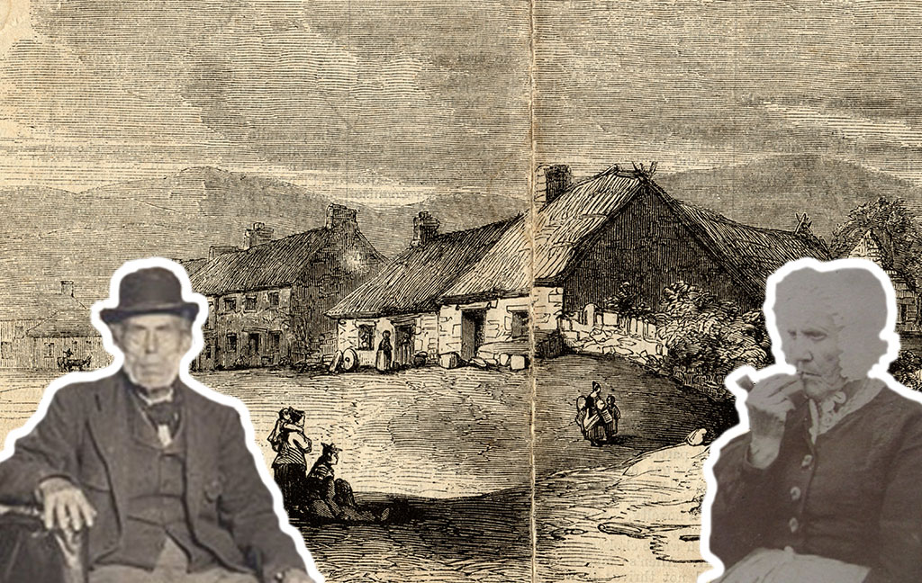 a man in a bowler hat and a woman smoking a pie are superimposed on an engraving of a small cottage.