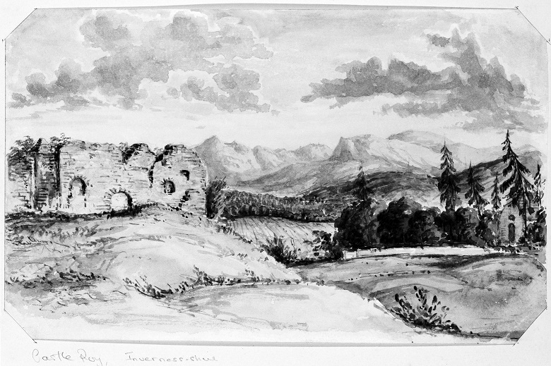 A scan of a painting of a ruined castle surrounded by mountains and countryside 