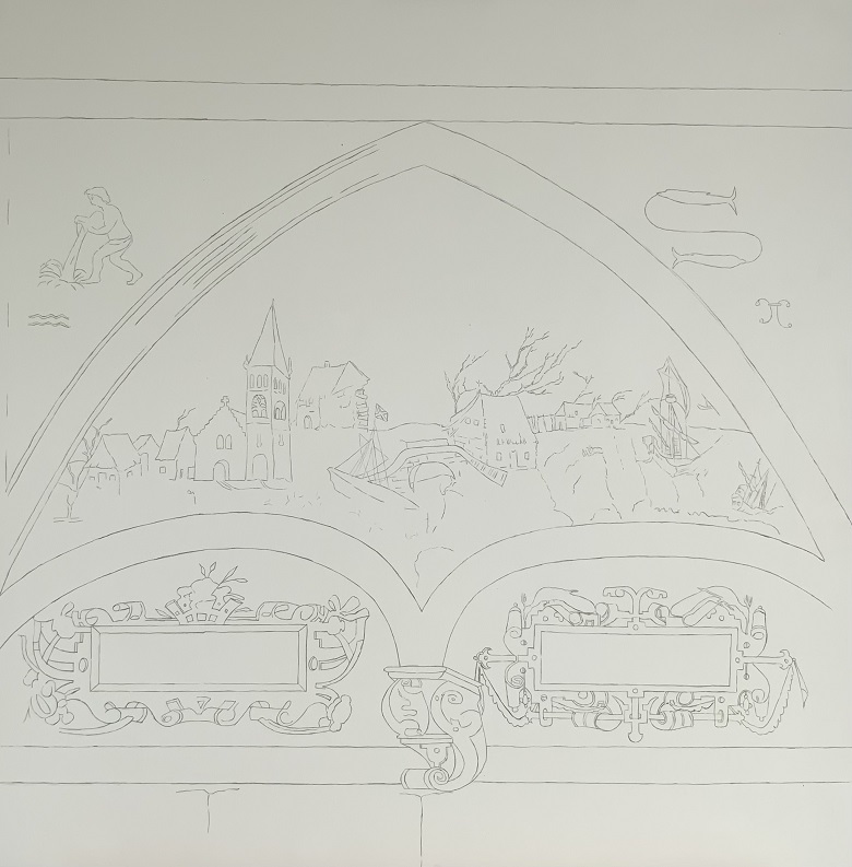 the outlined version of the panel, where ink has been used to create a precise outline of the design.