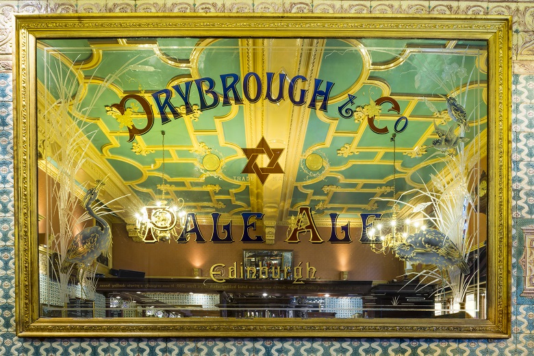 A mirror in a pub advertising beers from Drybrough and Co