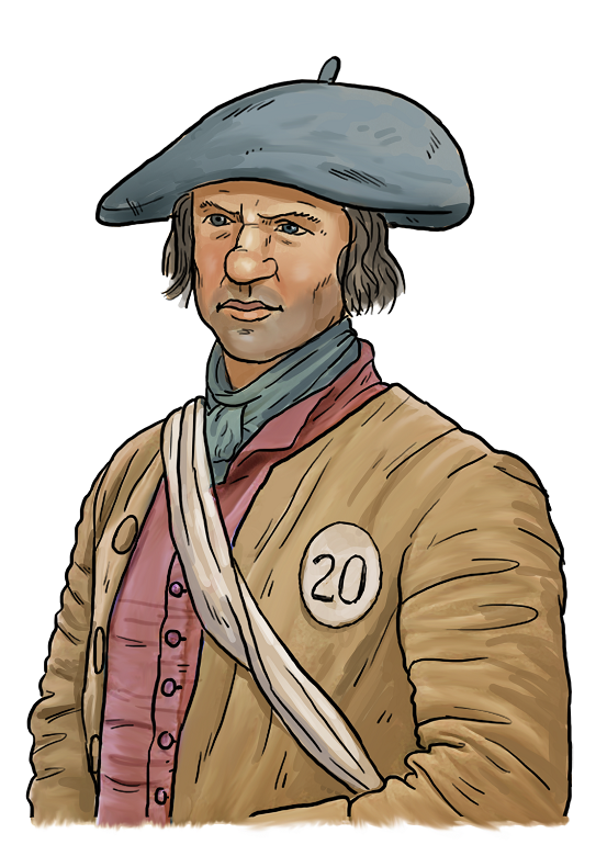 An illustration of many with a black hat and a brown jacket on which the number 20 is sewn