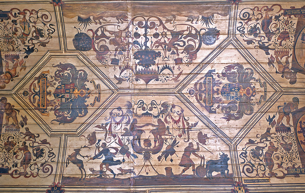 Wooden barrel vaulted ceiling decorated with painted motifs in 17th century style