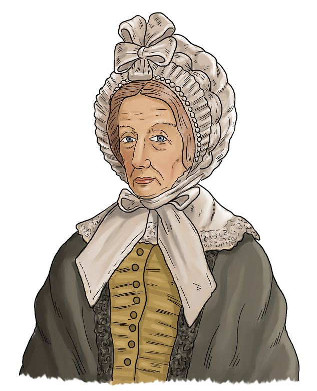 An illustration on a Georgian lady in a black shawl and white bonnet