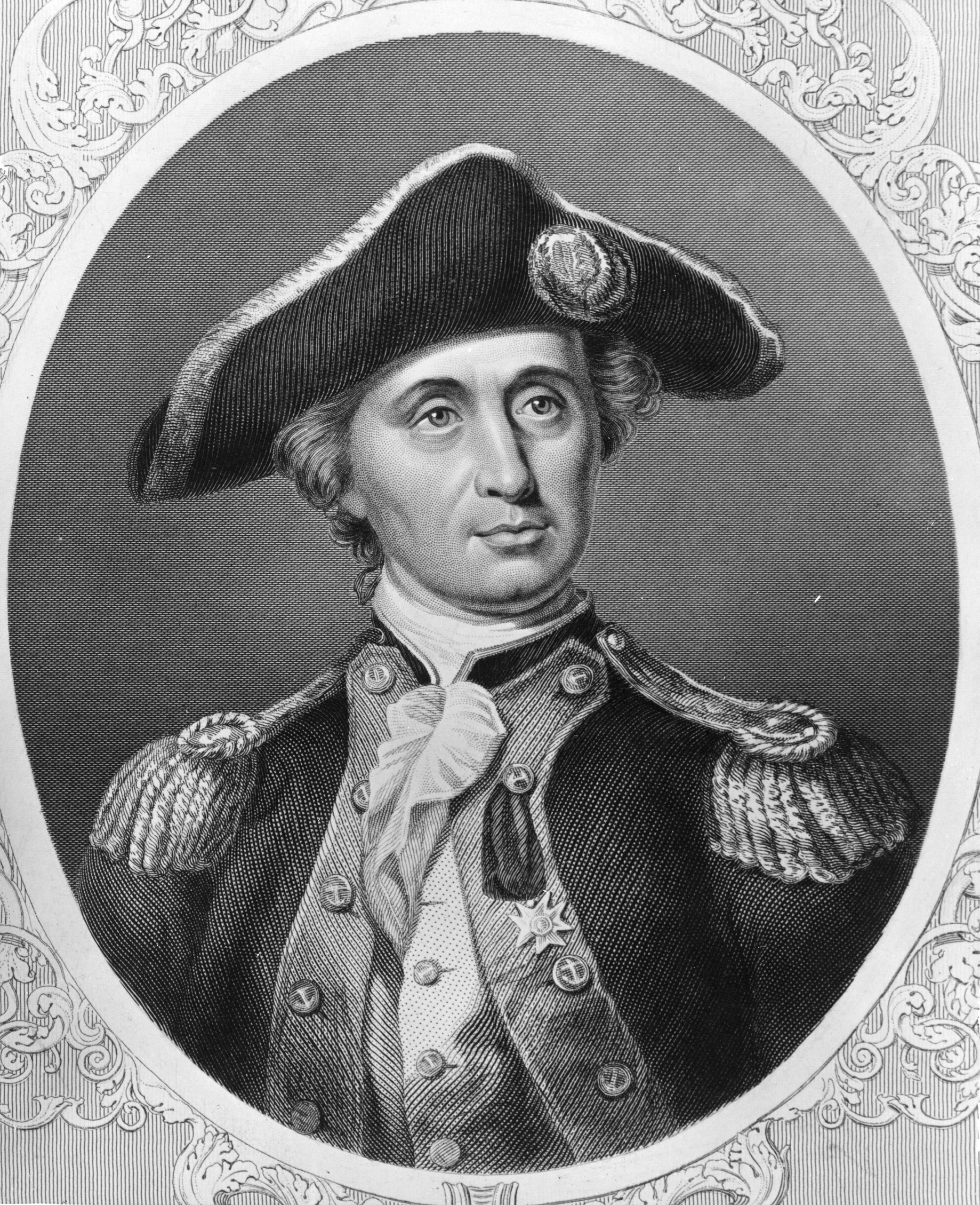 A black and white illustration of John Paul Jones, Scottish-born American naval adventurer 