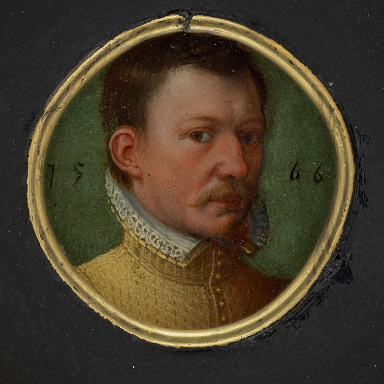Painted portrait of young man with a mourstache, wearing a gold-coloured jacket and a ruff.