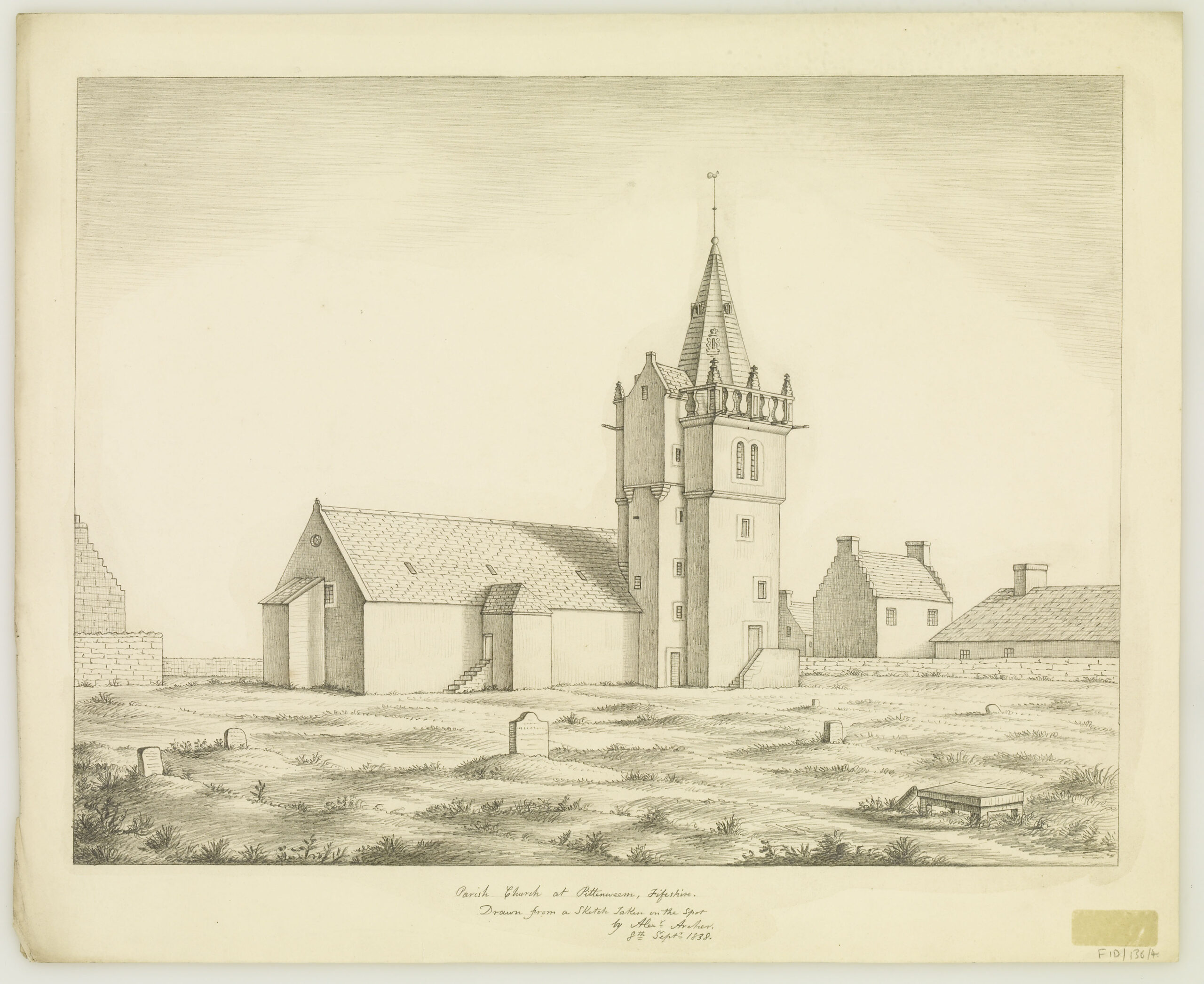 A drawn sketch of the 'Parish Church at Pittenweem,. 