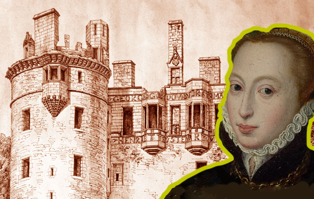 Renaissance painiting of a woman superimposed on a pen drawing of Huntly Castle