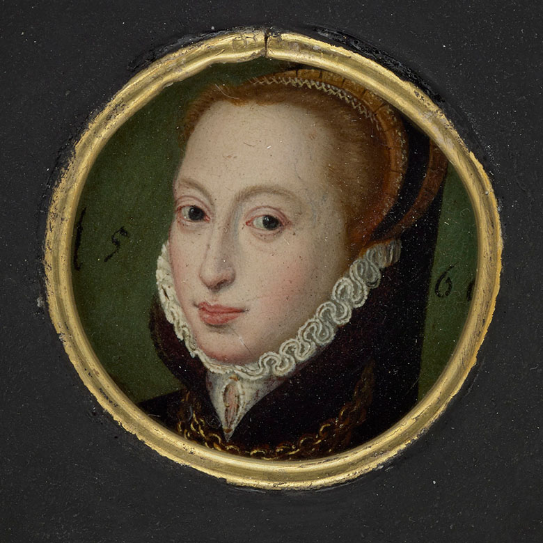 A painting of a pale woman with dark eyes. She wears a black, high collared jacket with a white ruff. Her hair is up in a formal hairstyle.