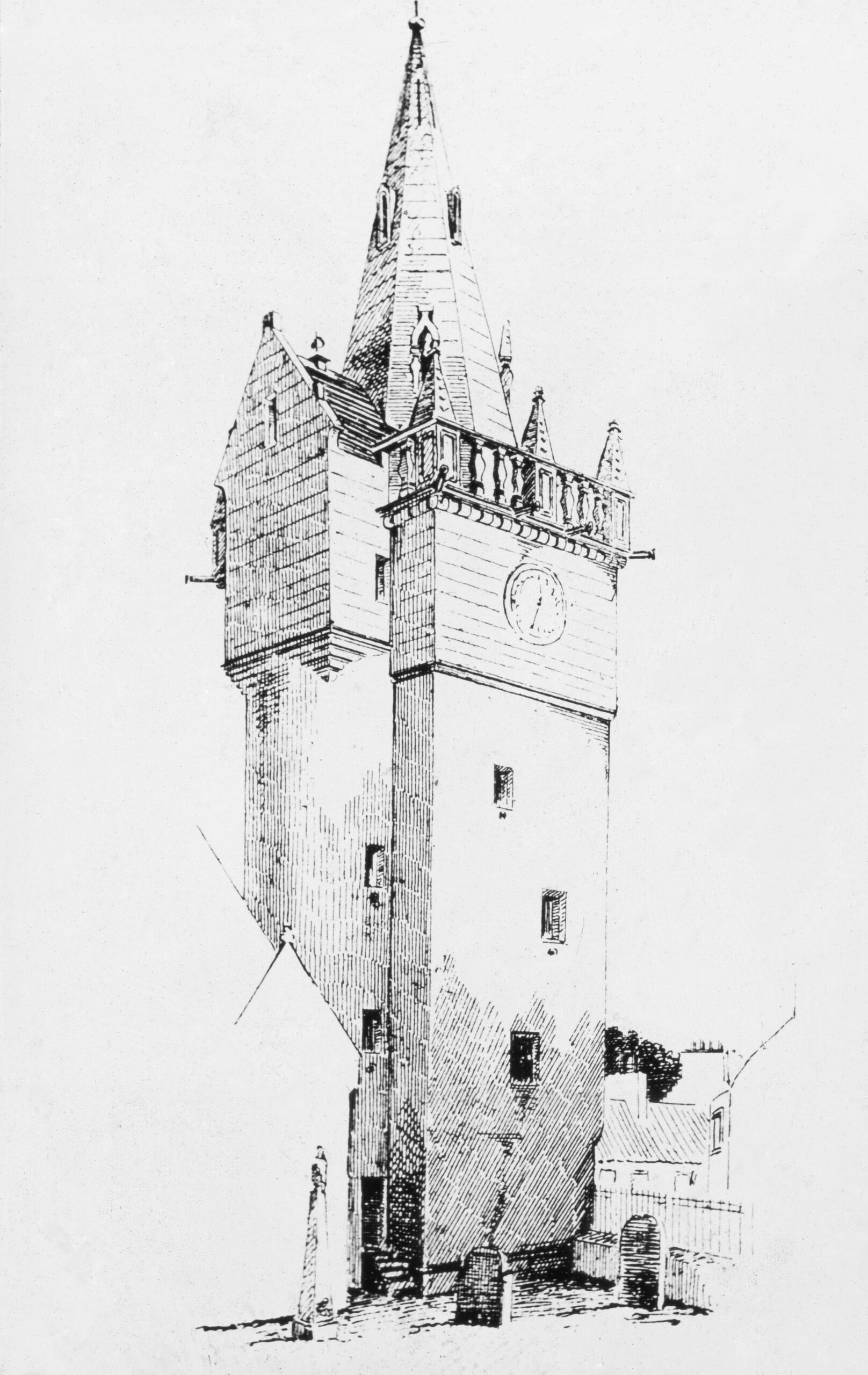 Black and white drawing of the Tolbooth Steeple of Pittenweem Parish Church