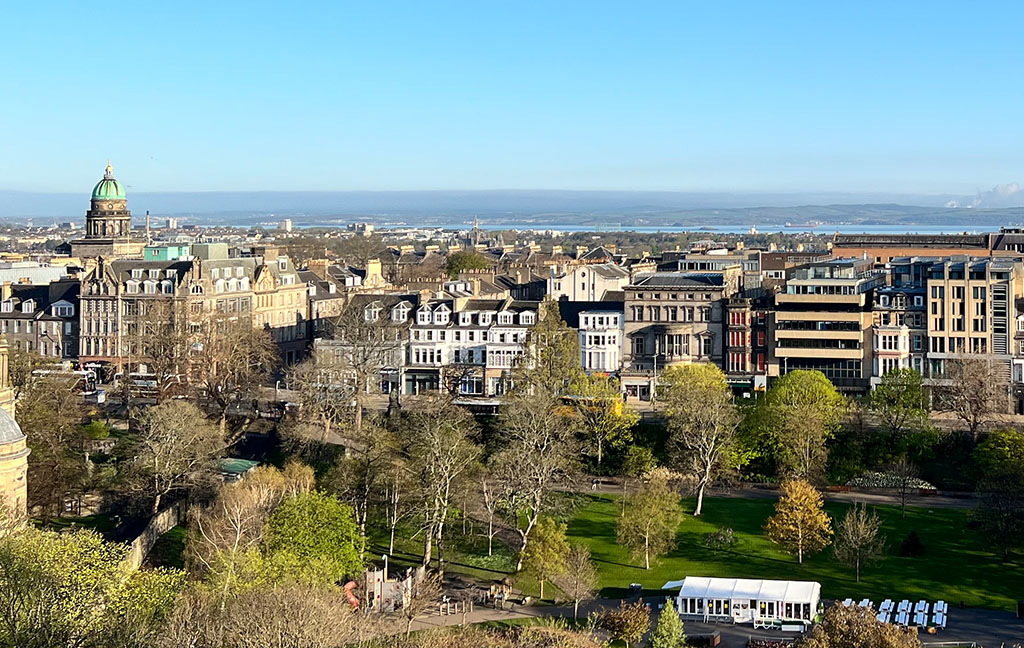 A view of Princes Street taken from Edinburgh Castle, showing a range of different shop front styles.