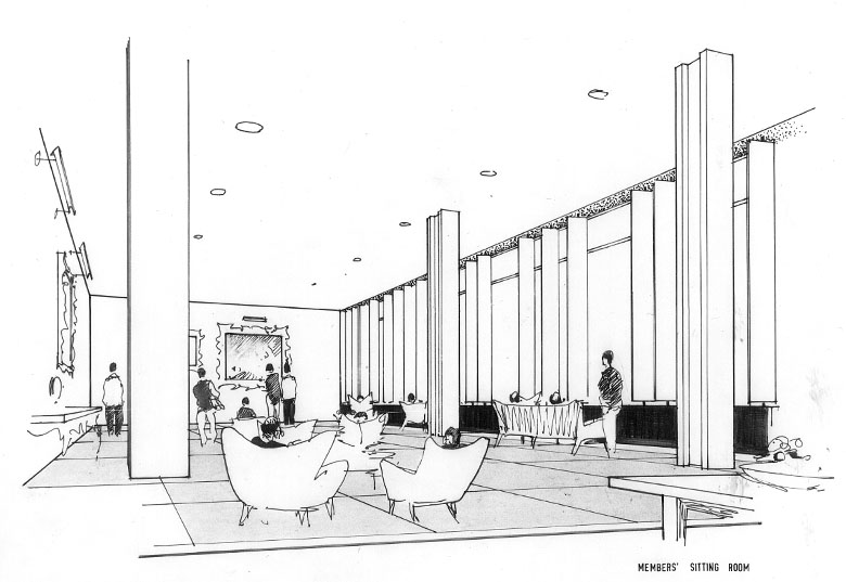 a drawing of a lounge. It is modernist in style with high, airy ceilings, floor to ceiling windows and modern furniture.
