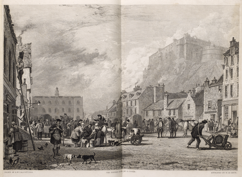 an engraving showing the Grassmarket, below Edinburgh Castle. It is a lively image with busting crowds. People push wheelbarrows full of good and dogs and chickens roam the streets.