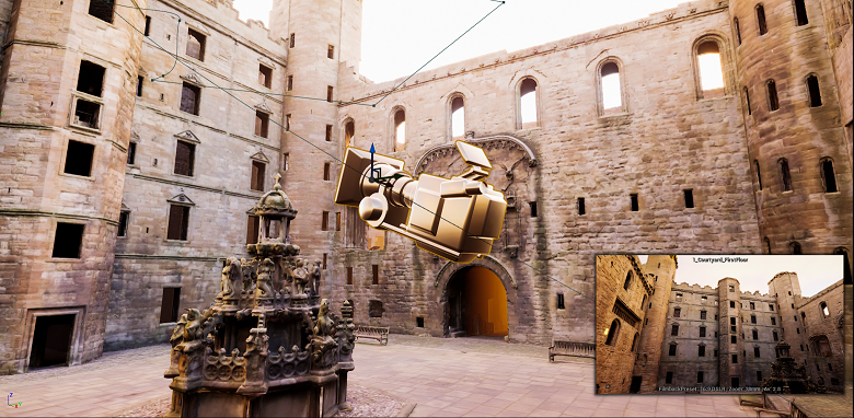 A 3D digital rendering of the courtyard at Linlithgow palace with the fountain. In the middle of the image is a depiction of an old-style film camera. There's a box in the bottom right of the screen which is showing the view from that camera.