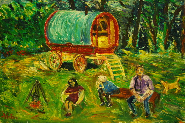 A painting in bright colours showing a family sitting outside a traditional Gypsy Traveller Caravan.