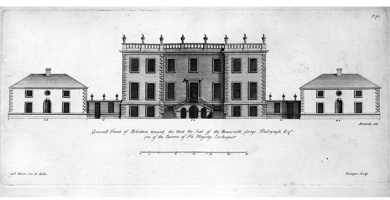 A black and white photo of an engraving of Dalmahoy House. The writing on the image reads: "Generall Front of Belvidere toward the West the Seat of the Honurable George Dalrymple Esqr one of the Barons of His Majesty's Exchequer".