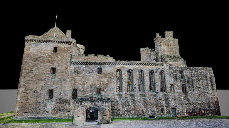 a 3d digital rendering of the entrance to Linlithgow Palace. The sky above is just a black void and the façade of the castle looks grey and unappealing.