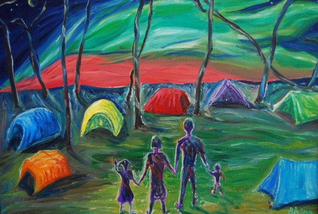 A painting using bright colours. A family stands in a small clearing surrounded by small modern dome tents. They are watching the Northern Lights.