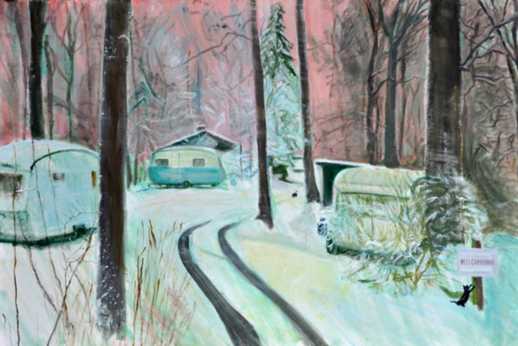 A paining of modern caravans in a forest clearing. There is snow on the ground with black tire tracks. The sky is pink.