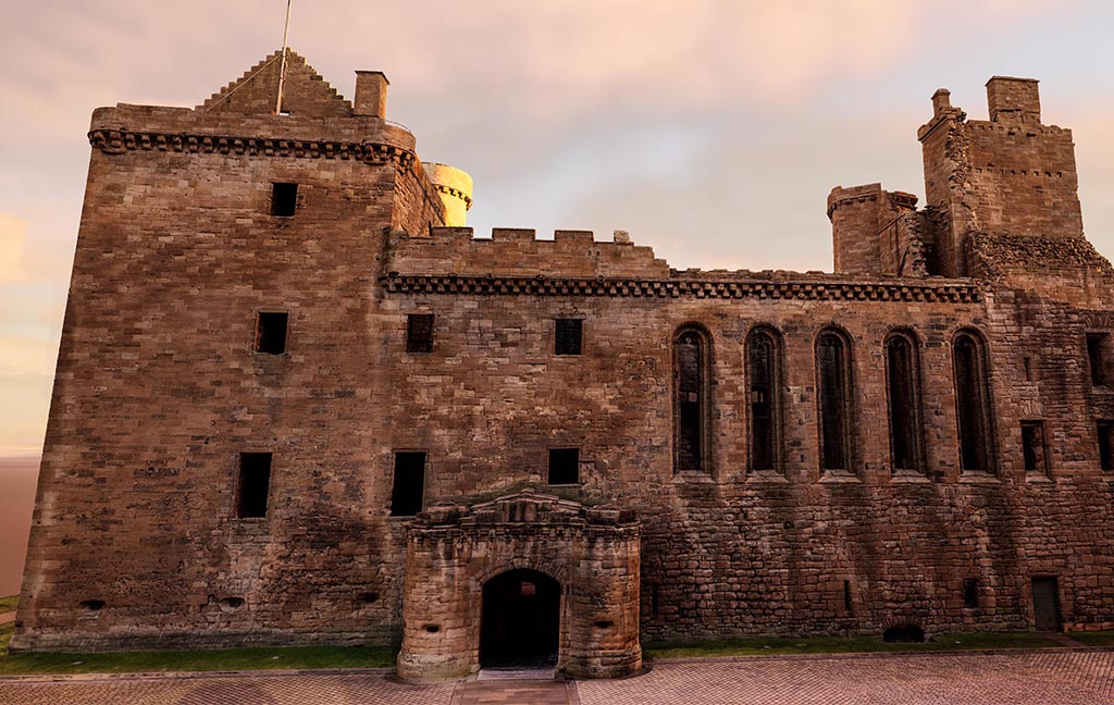 A digitally rendered reconstruction of the entrance to Linlithgow palace.
