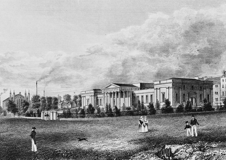 A historic engraving of a grand school building with a columned facade. A handful of figures are walking in parkland in front of the school and a church and some factory chimmneys can be seen in the background. 