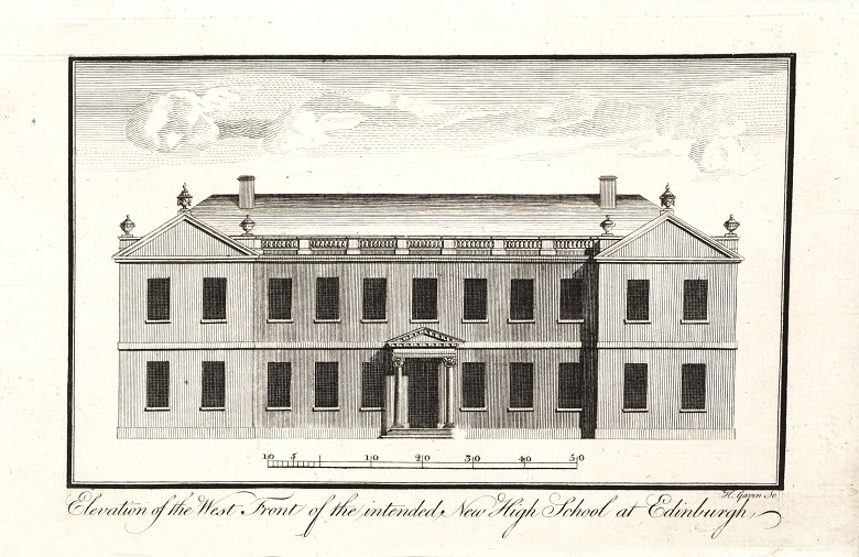An architect's drawing of the front of a large, grand school building.