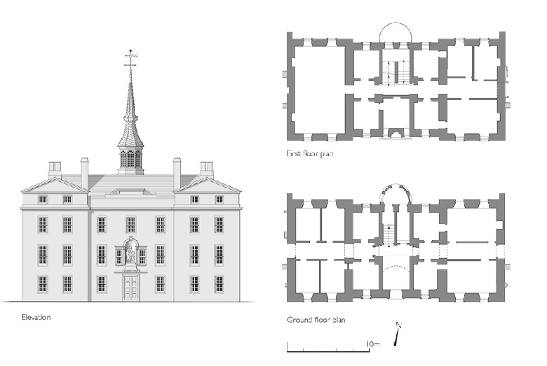 Elevation, ground floor and first floor plans of a historic school building. The building has four storeys with an ornate tower and spire at its centre. A statue of the school's founder can be made out above the main entrance. 