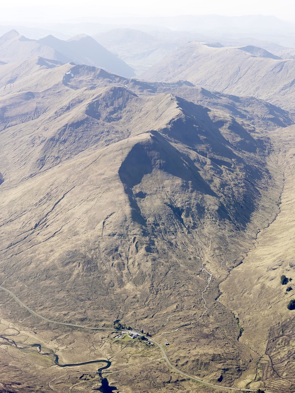 An aerial view of Glen Shiel showing its steep slopes and dramatic mountain scenary