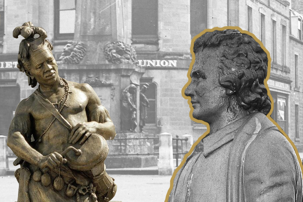 On the left is a close up of a bronze statue of a Black man. He has a naked torso and he beats a drum. On the right is a close up of the face of a statue depicting the explorer Mungo Park. It is in profile. He appears youthful and clean-shaven with longish, wavy hair swept back from his face. Behind these images is another image of the monument taken from a distance showing it in context.