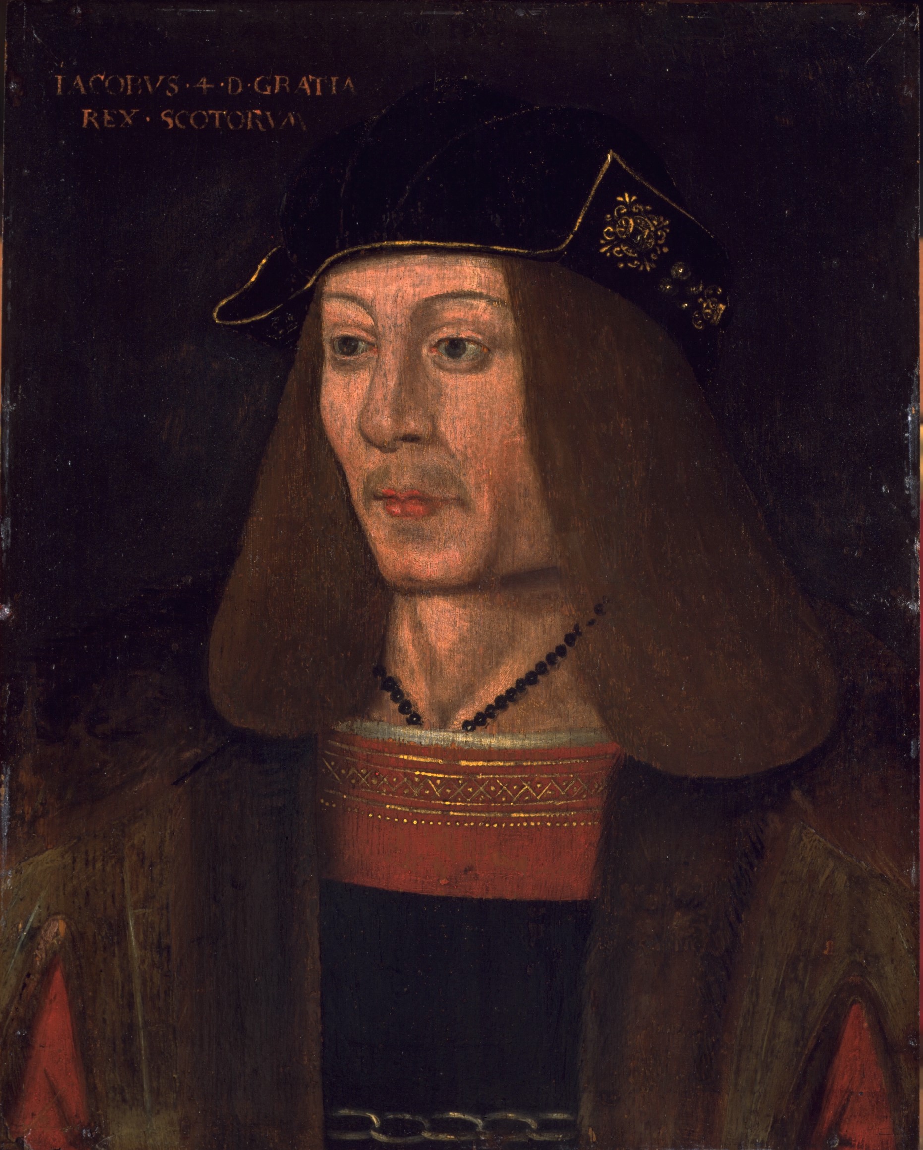 A portrait of James IV with long hair and dressed in gowns with golden embroidery.